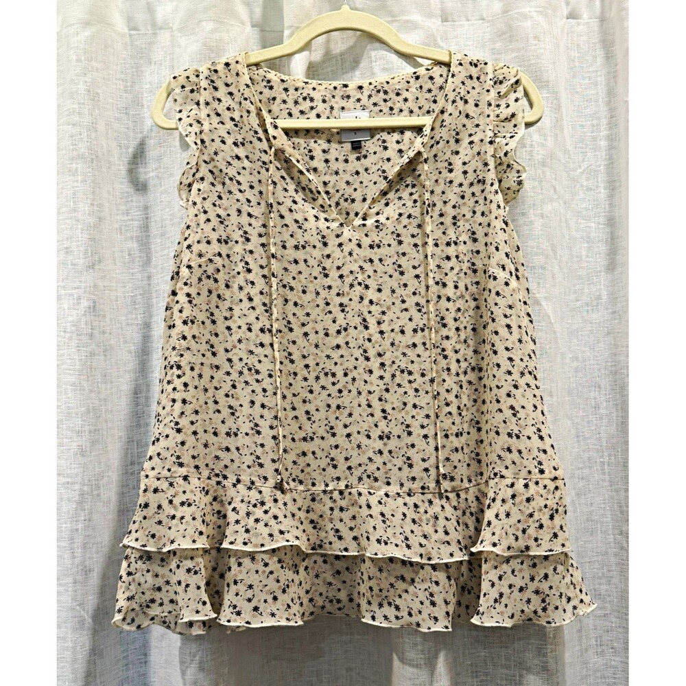 CAbi Beige/Black Floral Chiffon V-Neck Sleeveless Ruffle Hem Blouse S